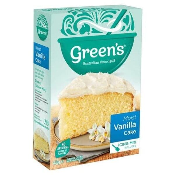 Green's Moist Vanilla Cake mix box, teal/white, with icing mix, 470g, no artificial colors.