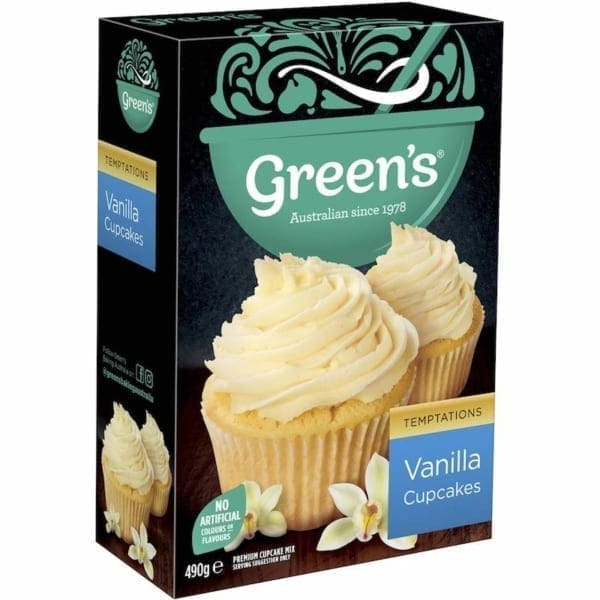 Box of Green's Vanilla Cupcake mix, 490g, with cupcakes image, no artificial colors or flavors.
