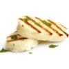 Grilled halloumi slices with herbs on white background.