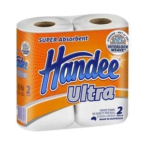 Handee Ultra paper towels, 2 rolls, super absorbent, 60 sheets each, made in Australia.