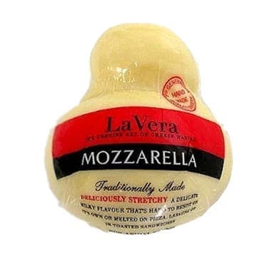 Packaged mozzarella cheese labeled as handmade, stretchy, for pizza and salads.