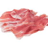 Sliced prosciutto arranged in a heap.