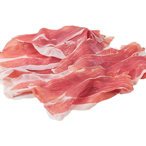 Sliced prosciutto arranged in a heap.