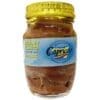 Glass jar of Italian anchovy fillets in olive oil with a yellow lid and blue label.