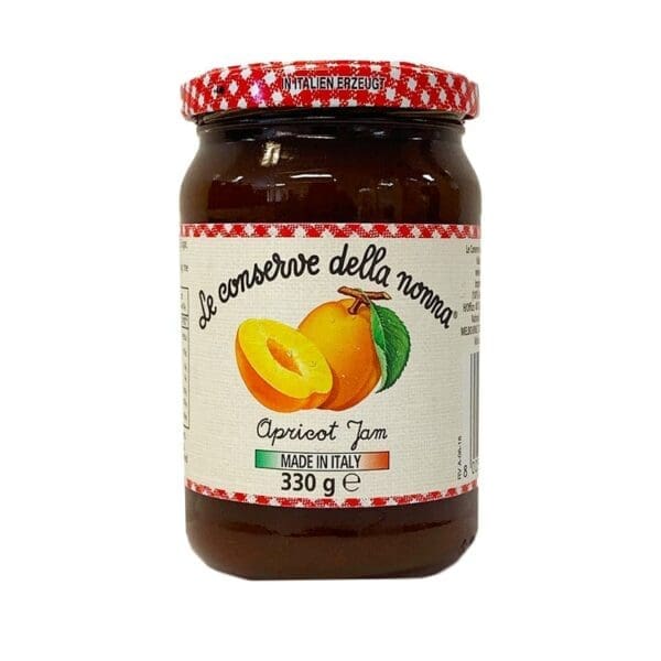 A 330g jar of Italian apricot jam with a red and white checkered lid.