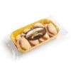 Transparent package of oval biscuits with powdered sugar, yellow interior, Italian label.