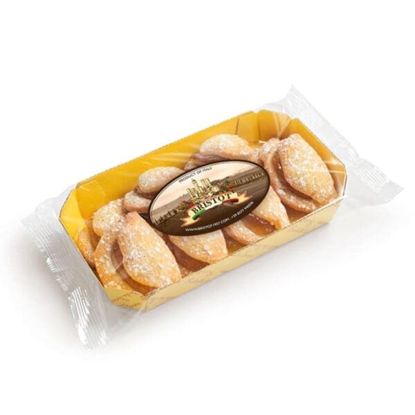Transparent package of oval biscuits with powdered sugar, yellow interior, Italian label.