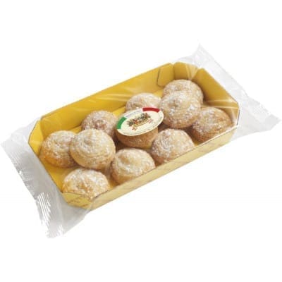 Yellow tray with clear cover holds pastries dusted with sugar; label shows green-white-red flag.