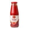 Glass bottle of Italian tomato passata with red cap and labeled branding, tomatoes illustrated.