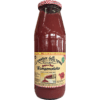 Glass bottle of Italian tomato sauce with checkered cap and decorative label.