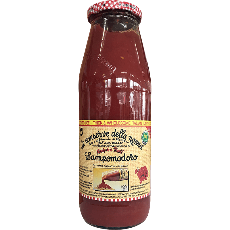 Glass bottle of Italian tomato sauce with checkered cap and decorative label.
