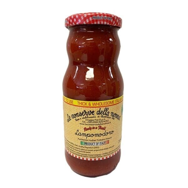 Italian tomato sauce jar with checkered lid; "Le conserve della nonna" Lampomodoro brand.