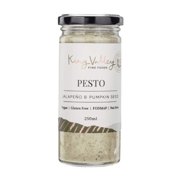 Glass jar of jalapeño pumpkin seed pesto, vegan, gluten-free, FODMAP, nut-free, 250ml.