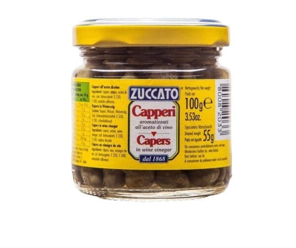Jar of capers in wine vinegar with yellow label and lid, 100g net weight, brand "Zuccato".