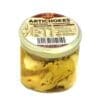Jar of marinated, quartered artichokes with label, brand logo, and nutritional info, 6 oz.