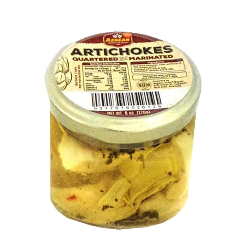 Jar of marinated, quartered artichokes with label, brand logo, and nutritional info, 6 oz.