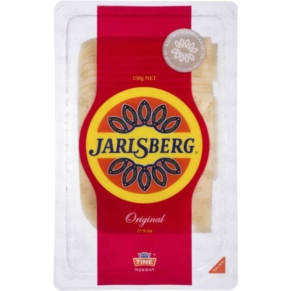 Jarlsberg cheese slice, 150g, 27% fat, TINE Norway, red and yellow floral logo.