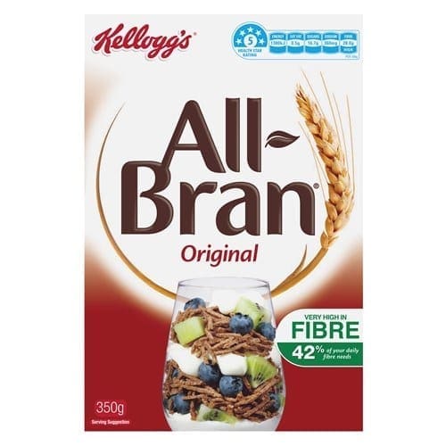 Kellogg's All-Bran Original cereal box, 350g, high fiber, 42% daily fiber needs.