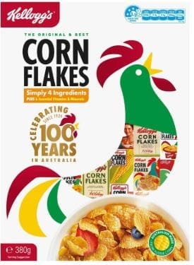Kellogg’s Corn Flakes box with rooster design, celebrating 100 years in Australia, 380g.