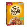 Kellogg's Just Right cereal box, yellow with grains, raisins, berries, 740g, balanced nutrition.