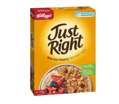 Kellogg's Just Right cereal box, yellow with grains, raisins, berries, 740g, balanced nutrition.