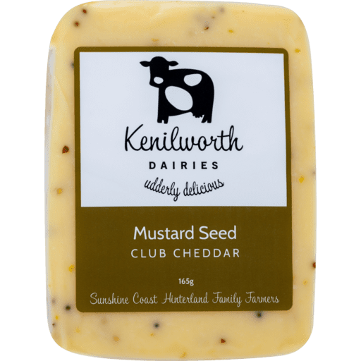 Kenilworth Dairies 165g Mustard Seed Club Cheddar, cow logo, Sunshine Coast Hinterland origin.