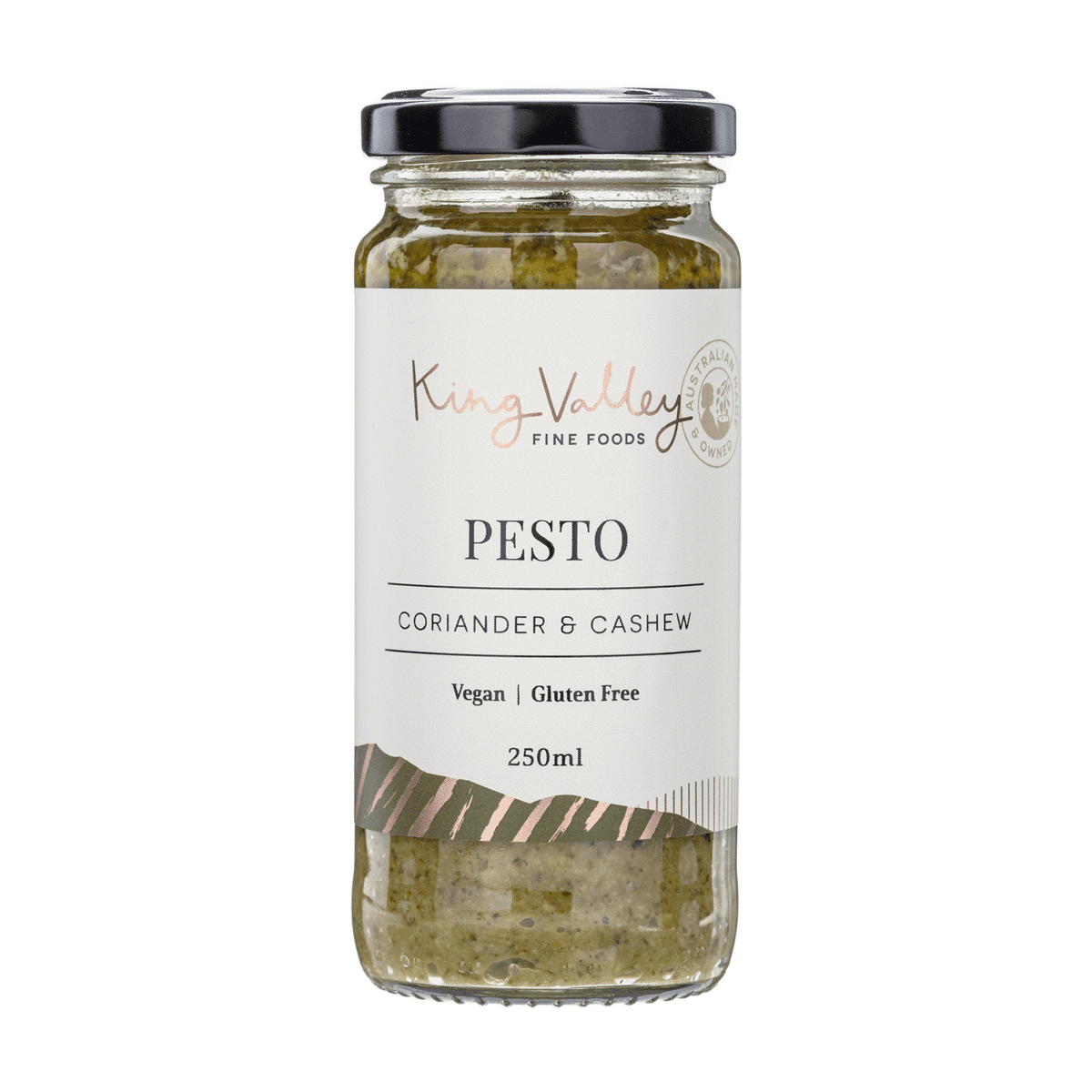 King Valley coriander cashew pesto jar, vegan, gluten-free, 250ml, black lid, white label.