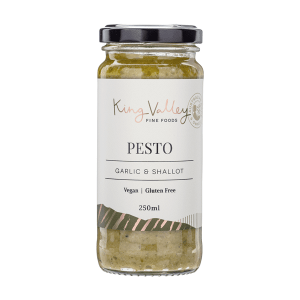 Jar of King Valley Fine Foods pesto, garlic shallot, vegan, gluten-free, 250ml, black lid.