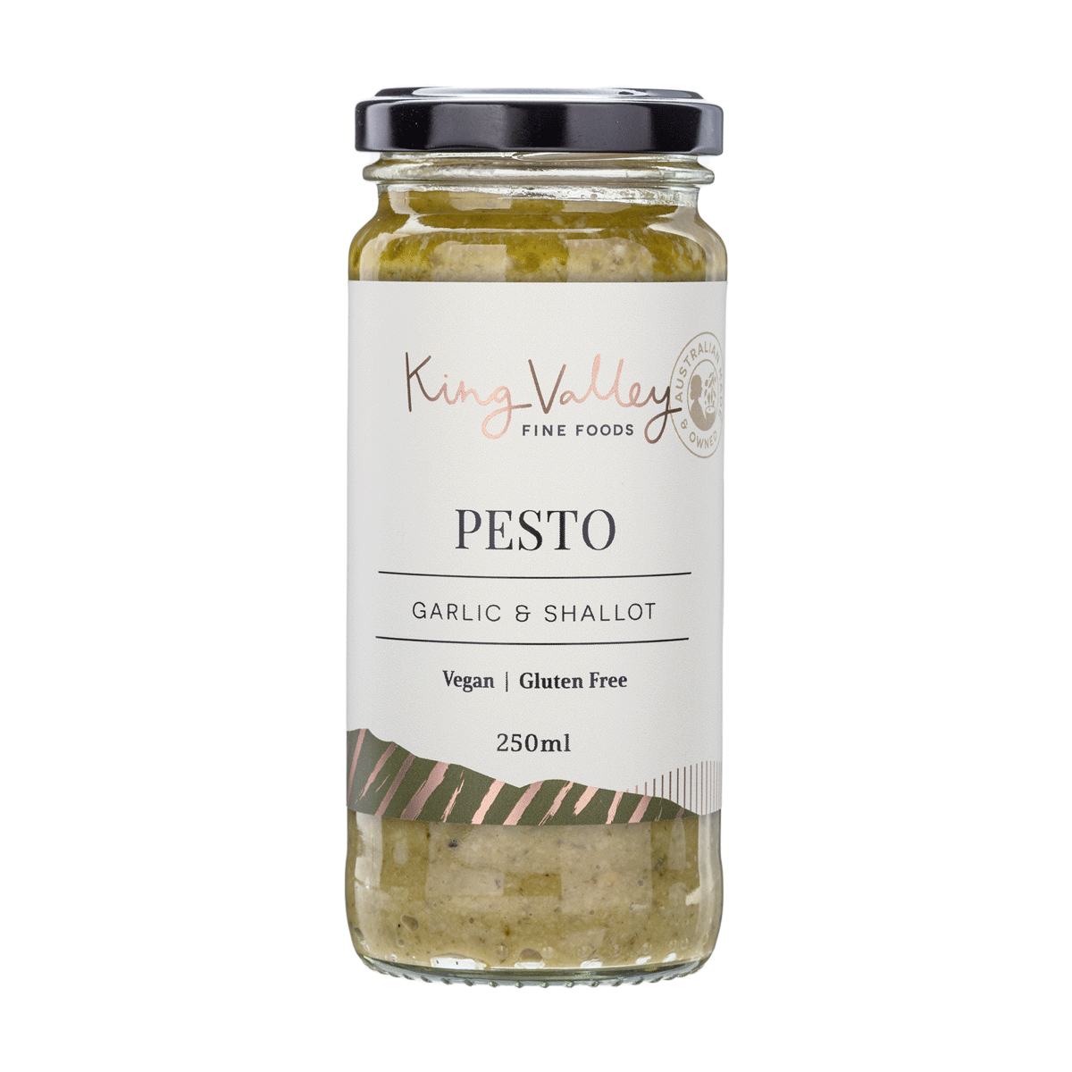 Jar of King Valley Fine Foods pesto, garlic shallot, vegan, gluten-free, 250ml, black lid.