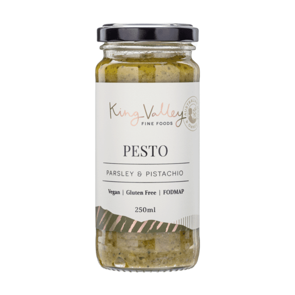 Jar of King Valley Fine Foods parsley and pistachio pesto, 250ml, vegan, gluten-free, FODMAP-friendly.