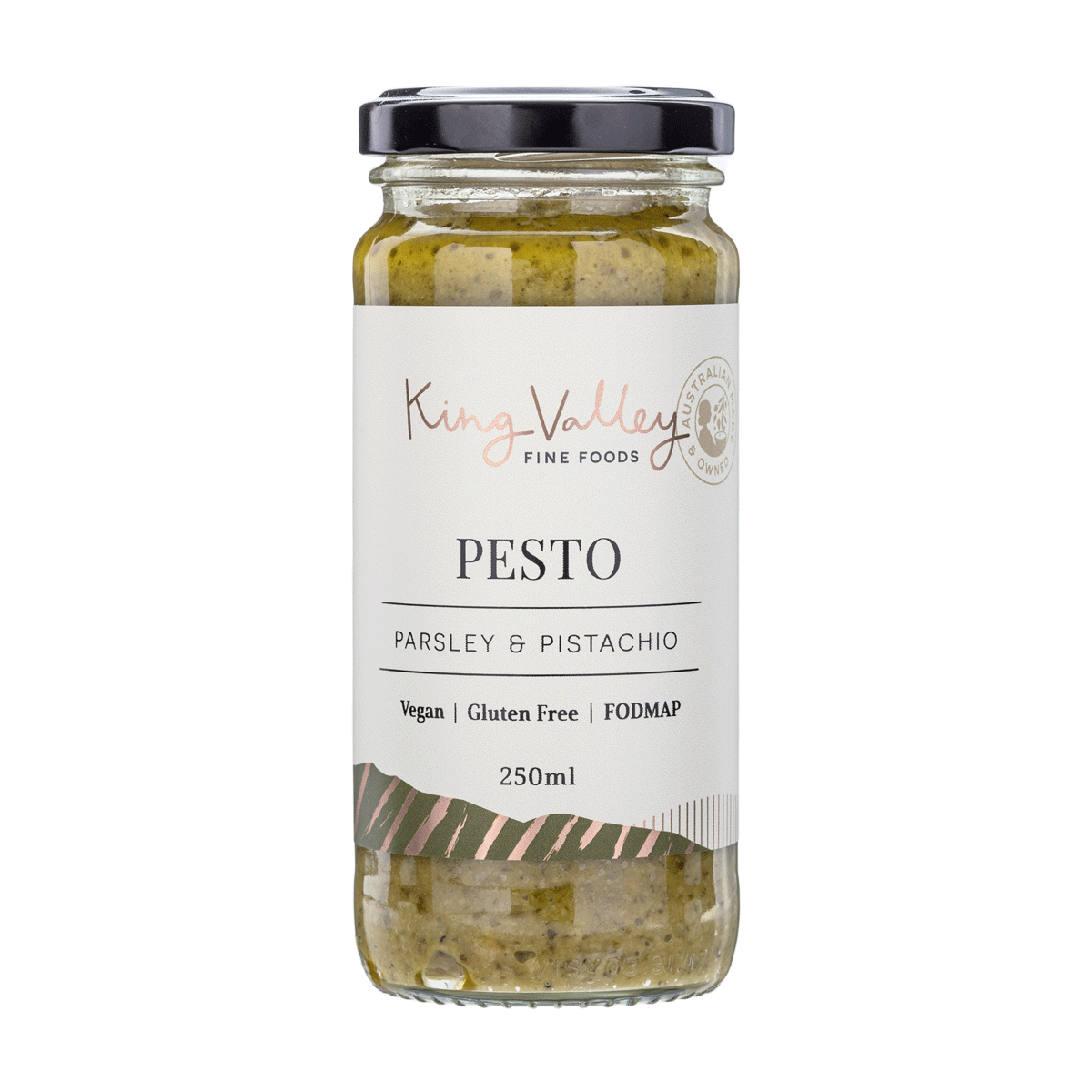 Jar of King Valley Fine Foods parsley and pistachio pesto, 250ml, vegan, gluten-free, FODMAP-friendly.