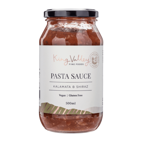 500ml jar of King Valley Fine Foods pasta sauce, Kalamata & Shiraz, vegan, gluten-free.