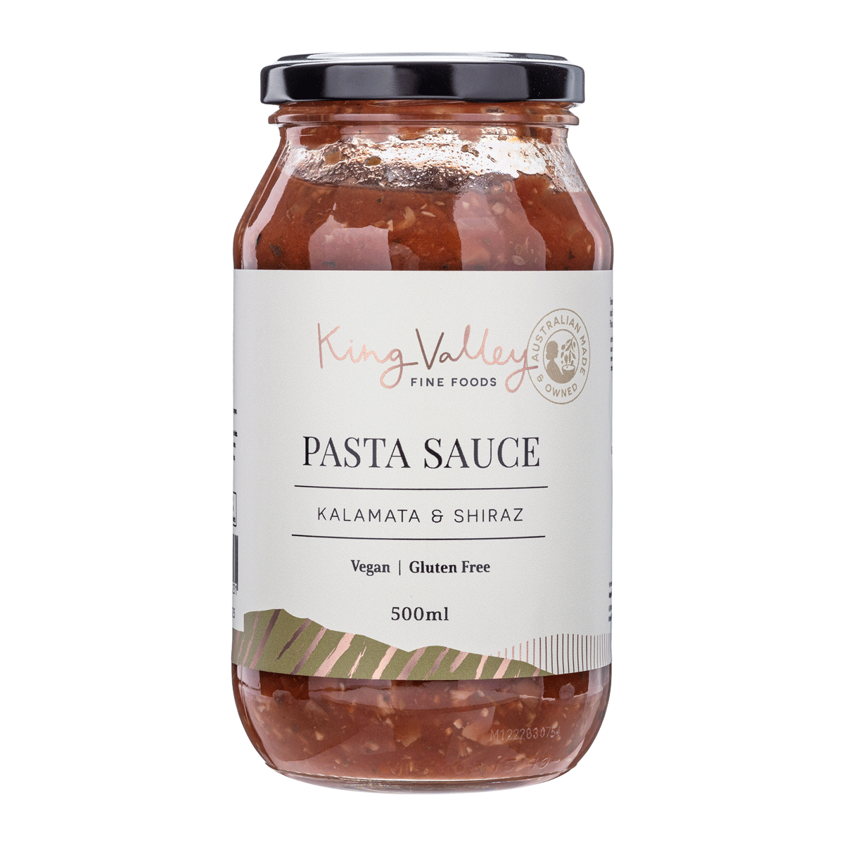 500ml jar of King Valley Fine Foods pasta sauce, Kalamata & Shiraz, vegan, gluten-free.
