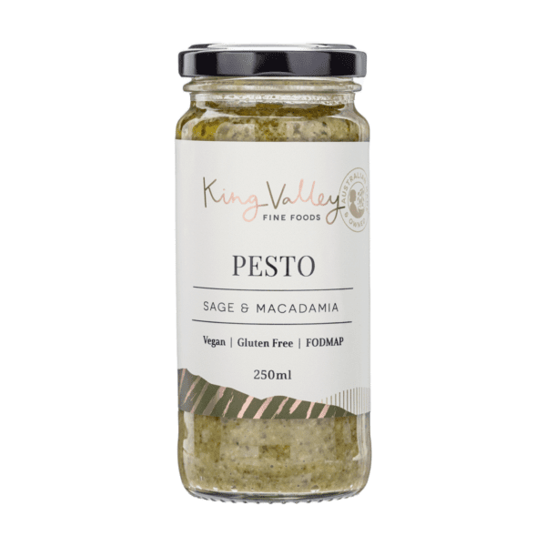 Jar of King Valley Fine Foods pesto, sage macadamia flavor, vegan, gluten-free, 250ml.