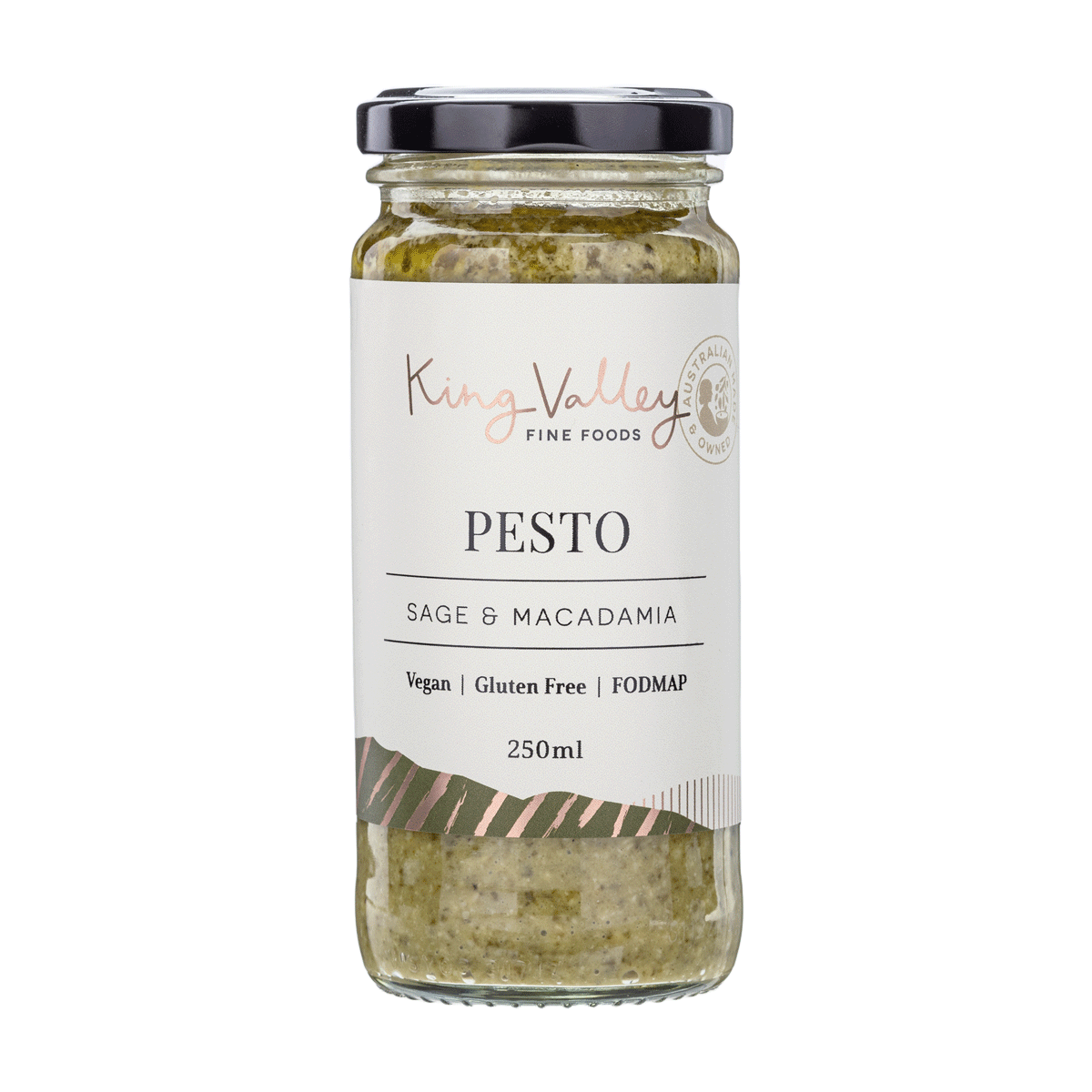 Jar of King Valley Fine Foods pesto, sage macadamia flavor, vegan, gluten-free, 250ml.