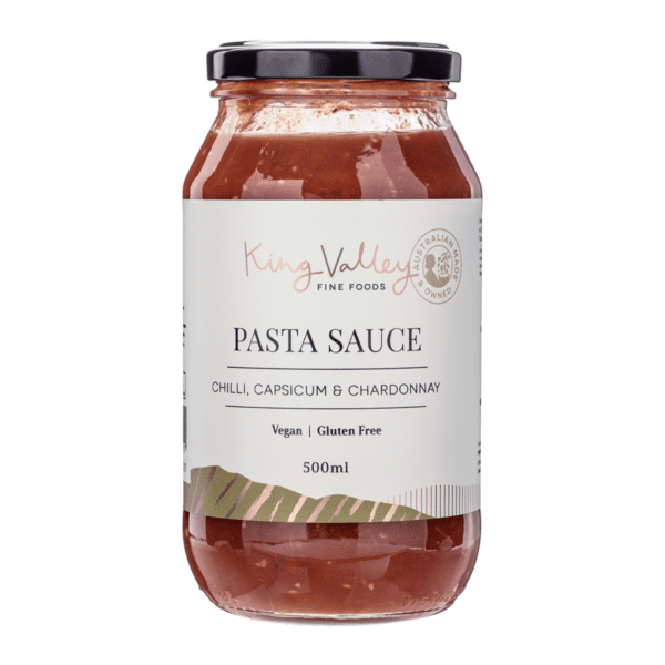 Jar of King Valley pasta sauce, chili, capsicum, chardonnay, vegan, gluten-free, 500ml, Australian-made.