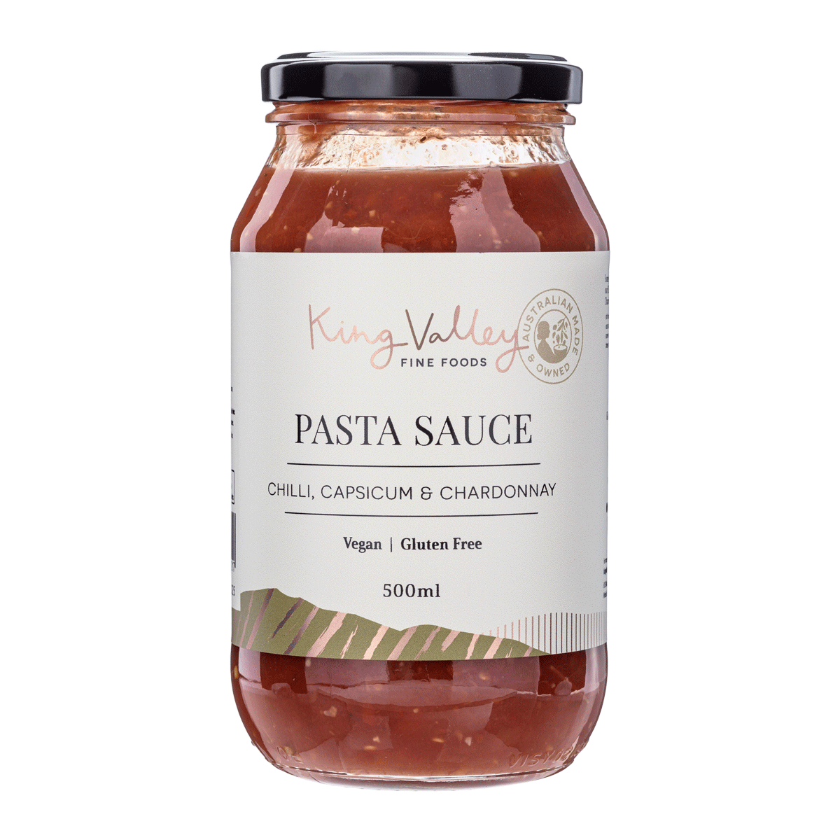 Jar of King Valley pasta sauce, chili, capsicum, chardonnay, vegan, gluten-free, 500ml, Australian-made.