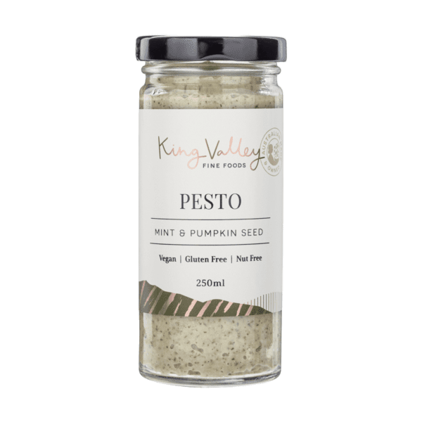 King Valley pesto jar with mint and pumpkin seed; vegan, gluten-free, nut-free, 250ml.