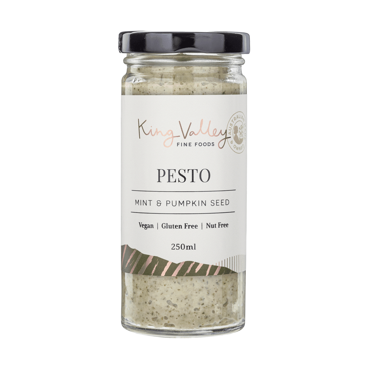 King Valley pesto jar with mint and pumpkin seed; vegan, gluten-free, nut-free, 250ml.