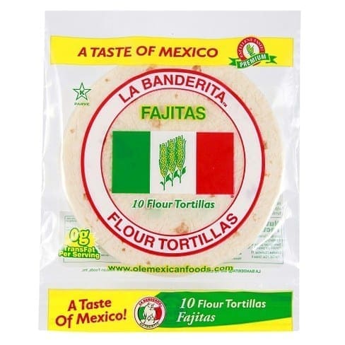 La Banderita 10 flour tortillas package, Mexican flag colors, 0g trans fat highlighted.