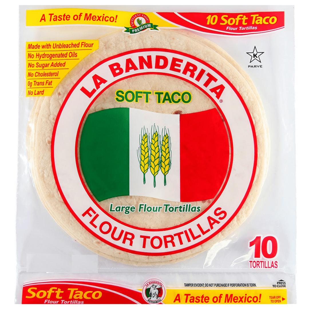 La Banderita Soft Taco Flour Tortillas, 10-pack, with red, white, green packaging.