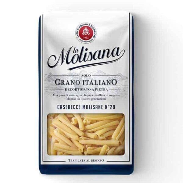 La Molisana Caserecce No. 29 pasta package with Italian wheat, stone-milled ingredients.