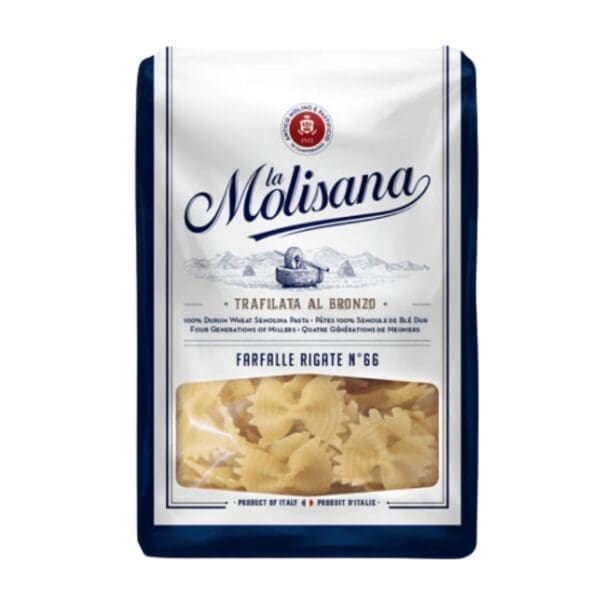 Package of La Molisana Farfalle Rigate No. 66 pasta, 100% durum wheat, product of Italy.