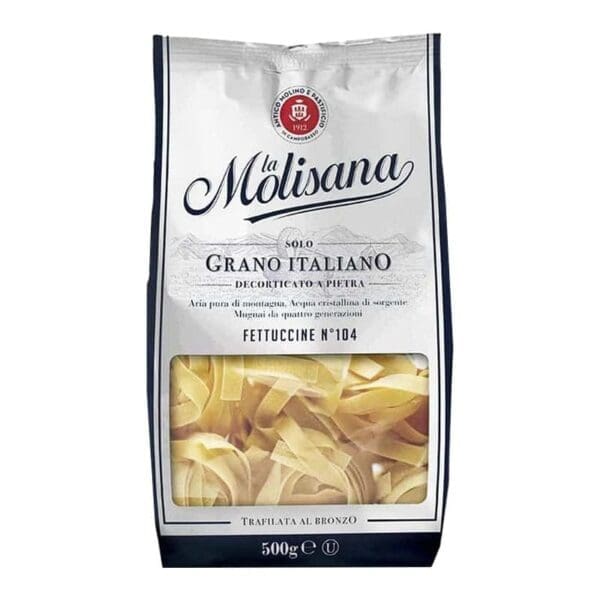 La Molisana Fettuccine No.104 package, white with transparent section, 500g.
