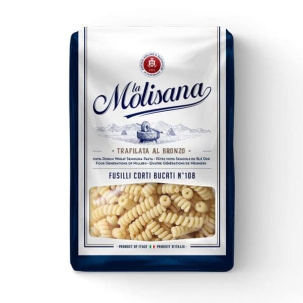 La Molisana Fusilli Corti Bucati No. 108 pasta package with white and blue design.