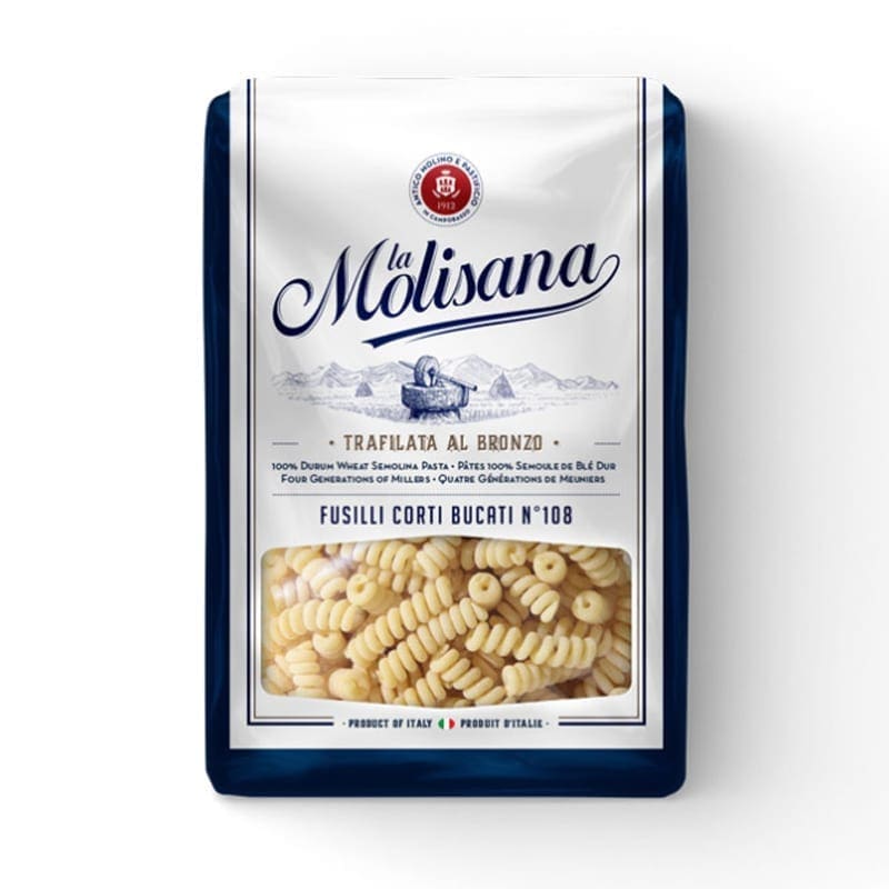 La Molisana Fusilli Corti Bucati No. 108 pasta package with white and blue design.