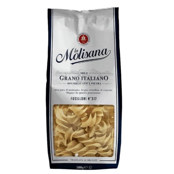 La Molisana Fusilloni No. 317 pasta, 500g package, white with navy and clear window.