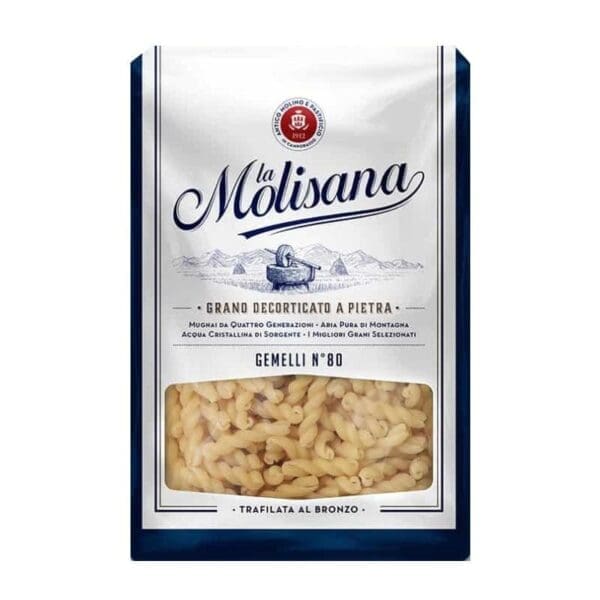 La Molisana Gemelli No. 80 pasta package with visible pasta and detailed text.