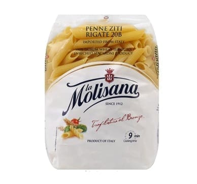 La Molisana Penne Ziti Rigate 20B pasta package; Italy; 9-min cook; brand logo and pasta image.