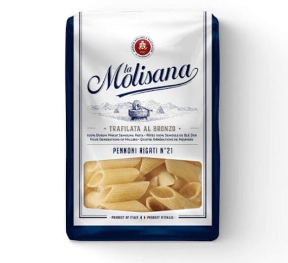 La Molisana Pennoni Rigati No. 21 pasta package with transparent section.